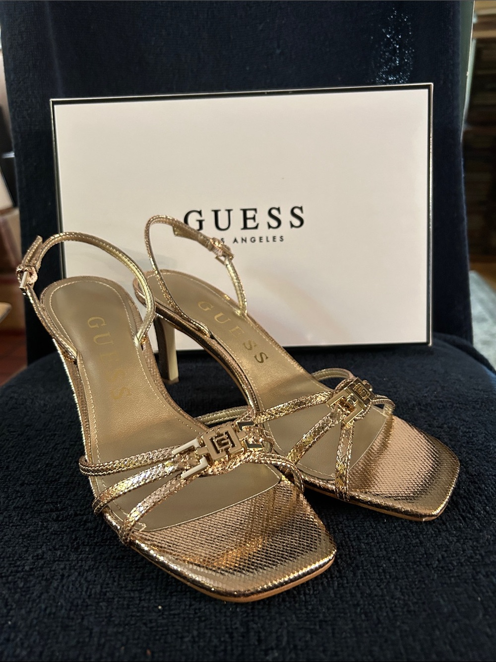 GUESS Twilla Metallic Gold Strappy Slingback Heels w Logo Hardware & Square Toe